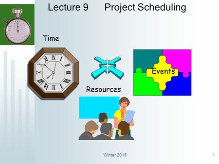 Winter 20151 Lecture 9 Project Scheduling Time Events Resources.