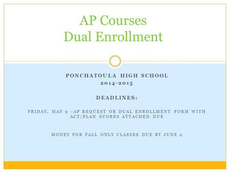 PONCHATOULA HIGH SCHOOL 2014-2015 DEADLINES: FRIDAY, MAY 9 –AP REQUEST OR DUAL ENROLLMENT FORM WITH ACT/PLAN SCORES ATTACHED DUE MONEY FOR FALL ONLY CLASSES.