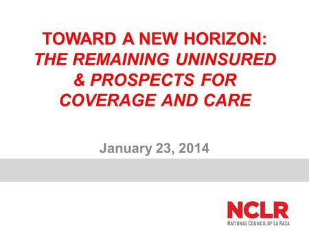 TOWARD A NEW HORIZON: THE REMAINING UNINSURED & PROSPECTS FOR COVERAGE AND CARE January 23, 2014.