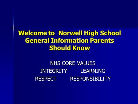 Welcome to Norwell High School General Information Parents Should Know NHS CORE VALUES NHS CORE VALUES INTEGRITY LEARNING INTEGRITY LEARNING RESPECT RESPONSIBILITY.