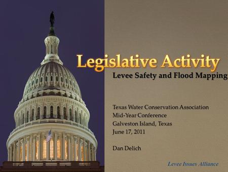 { Levee Safety and Flood Mapping Texas Water Conservation Association Mid-Year Conference Galveston Island, Texas June 17, 2011 Dan Delich Levee Issues.