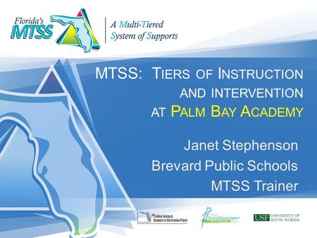 MTSS: T IERS OF I NSTRUCTION AND INTERVENTION AT P ALM B AY A CADEMY Janet Stephenson Brevard Public Schools MTSS Trainer.