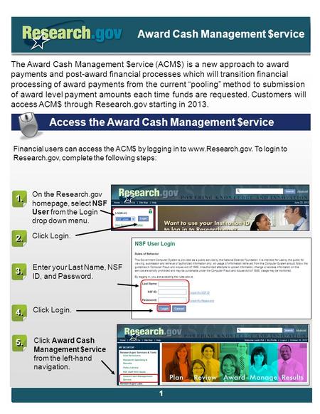. The Award Cash Management $ervice (ACM$) is a new approach to award payments and post-award financial processes which will transition financial processing.