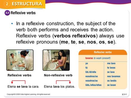 In a reflexive construction, the subject of the verb both performs and receives the action. Reflexive verbs (verbos reflexivos) always use reflexive pronouns.