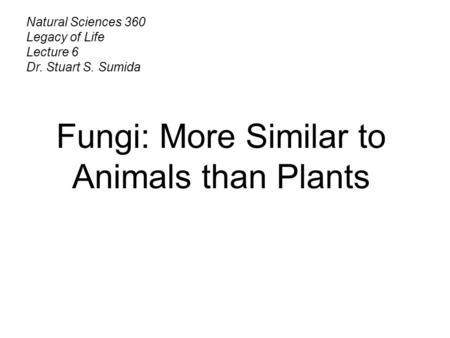 Natural Sciences 360 Legacy of Life Lecture 6 Dr. Stuart S. Sumida Fungi: More Similar to Animals than Plants.