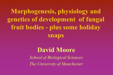 Morphogenesis, physiology and genetics of development of fungal fruit bodies - plus some holiday snaps David Moore School of Biological Sciences The University.
