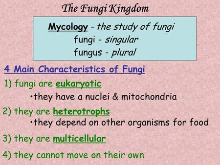 The Fungi Kingdom Mycology - the study of fungi fungi - singular