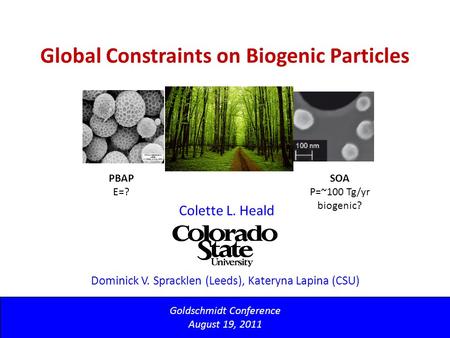 Global Constraints on Biogenic Particles Goldschmidt Conference August 19, 2011 Colette L. Heald Photo courtesy: Cam McNaughton (taken from NASA’s DC-8)