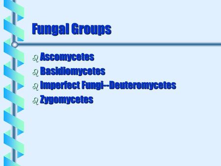 Fungal Groups b Ascomycetes b Basidiomycetes b Imperfect Fungi--Deuteromycetes b Zygomycetes.