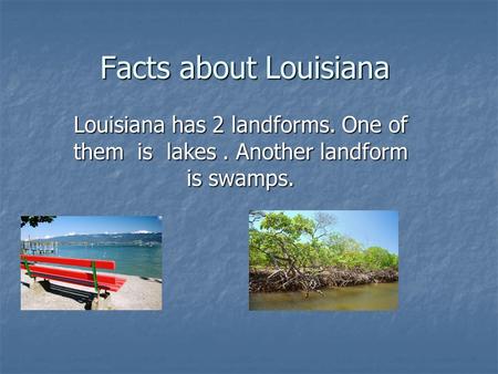 Facts about Louisiana Louisiana has 2 landforms. One of them is lakes . Another landform is swamps.