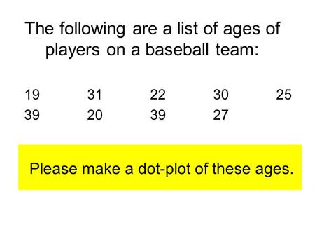 The following are a list of ages of players on a baseball team: 1931223025 39203927 Please make a dot-plot of these ages.