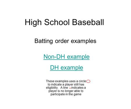 High School Baseball Batting order examples Non-DH example DH example These examples uses a circle to indicate a player still has eligibility. A line indicates.