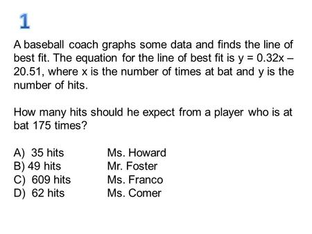 1 A baseball coach graphs some data and finds the line of best fit. The equation for the line of best fit is y = 0.32x – 20.51, where x is the number of.