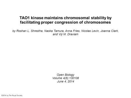 TAO1 kinase maintains chromosomal stability by facilitating proper congression of chromosomes by Roshan L. Shrestha, Naoka Tamura, Anna Fries, Nicolas.