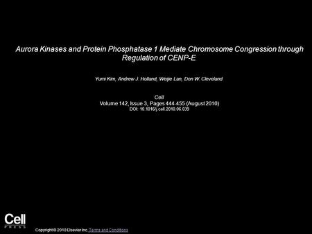 Aurora Kinases and Protein Phosphatase 1 Mediate Chromosome Congression through Regulation of CENP-E Yumi Kim, Andrew J. Holland, Weijie Lan, Don W. Cleveland.