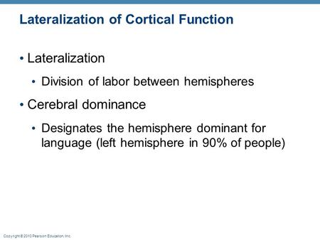 Copyright © 2010 Pearson Education, Inc. Lateralization of Cortical Function Lateralization Division of labor between hemispheres Cerebral dominance Designates.