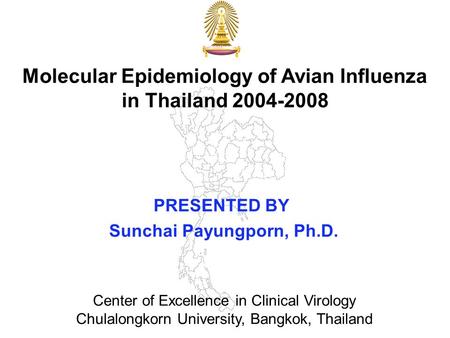 Molecular Epidemiology of Avian Influenza in Thailand 2004-2008 PRESENTED BY Sunchai Payungporn, Ph.D. Center of Excellence in Clinical Virology Chulalongkorn.