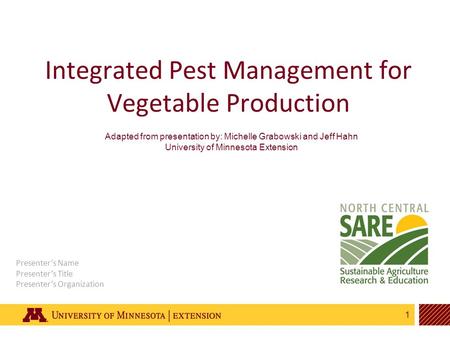 1 Integrated Pest Management for Vegetable Production Adapted from presentation by: Michelle Grabowski and Jeff Hahn University of Minnesota Extension.