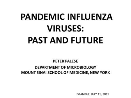 PANDEMIC INFLUENZA VIRUSES: PAST AND FUTURE PETER PALESE DEPARTMENT OF MICROBIOLOGY MOUNT SINAI SCHOOL OF MEDICINE, NEW YORK ISTANBUL, JULY 11, 2011.