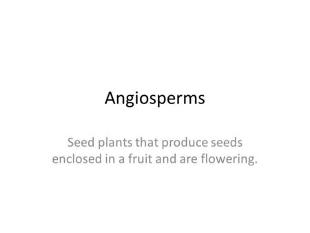 Angiosperms Seed plants that produce seeds enclosed in a fruit and are flowering.
