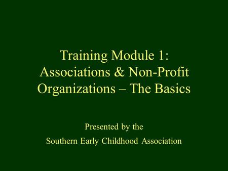 Training Module 1: Associations & Non-Profit Organizations – The Basics Presented by the Southern Early Childhood Association.