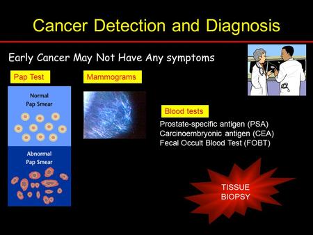 Cancer Detection and Diagnosis Early Cancer May Not Have Any symptoms Pap Test Mammograms Blood tests Prostate-specific antigen (PSA) Carcinoembryonic.