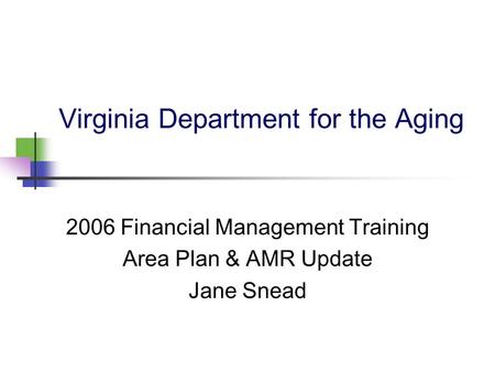 Virginia Department for the Aging 2006 Financial Management Training Area Plan & AMR Update Jane Snead.