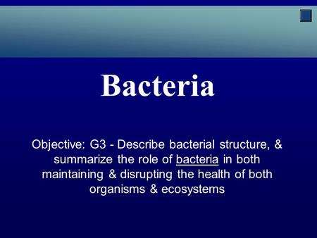 Bacteria Objective: G3 - Describe bacterial structure, & summarize the role of bacteria in both maintaining & disrupting the health of both organisms &