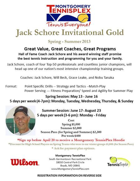Jack Schore Invitational Gold Jack Schore, coach of four Top-50 professionals and countless junior champions, will head up one of our nation’s most intensive.