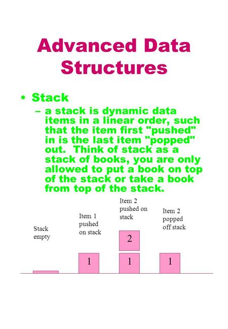 Advanced Data Structures Stack –a stack is dynamic data items in a linear order, such that the item first pushed in is the last item popped out. Think.