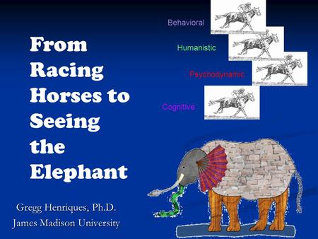Cognitive Behavioral Psychodynamic Humanistic From Racing Horses to Seeing the Elephant Gregg Henriques, Ph.D. James Madison University Behavioral.