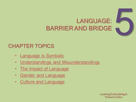 Looking Out/Looking In Thirteenth Edition 5 LANGUAGE: BARRIER AND BRIDGE CHAPTER TOPICS Language is Symbolic Understandings and Misunderstandings The Impact.