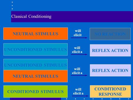 Classical Conditioning UNCONDITIONED STIMULUS REFLEX ACTION will elicit a UNCONDITIONED STIMULUS NEUTRAL STIMULUS REFLEX ACTION will elicit a CONDITIONED.