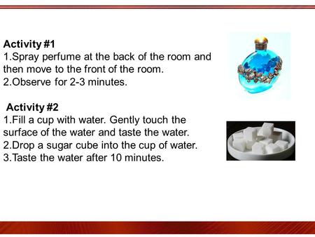 Activity #1 1.Spray perfume at the back of the room and then move to the front of the room. 2.Observe for 2-3 minutes. Activity #2 1.Fill a cup with water.