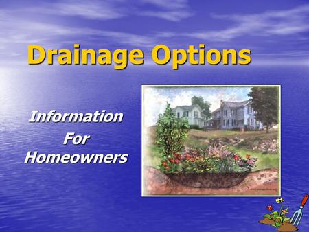 Drainage Options Information For Homeowners. Drainage Options 1. Horticultural ways to help wet soils 2. Slowing/intercepting Runoff 3. Slope/grading.