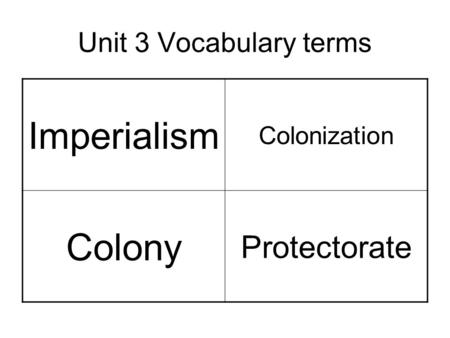 Unit 3 Vocabulary terms Imperialism Colonization Colony Protectorate.