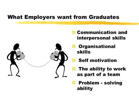 What Employers want from Graduates zCommunication and interpersonal skills z Organisational skills z Self motivation z The ability to work as part of a.