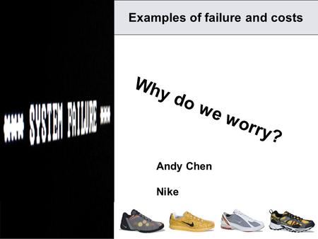 1 Why do we worry? Examples of failure and costs Andy Chen Nike.
