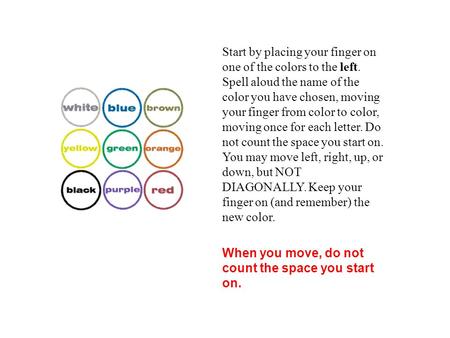 Start by placing your finger on one of the colors to the left. Spell aloud the name of the color you have chosen, moving your finger from color to color,