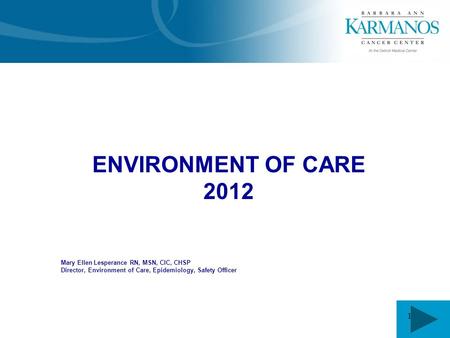 1 ENVIRONMENT OF CARE 2012 Mary Ellen Lesperance RN, MSN, CIC, CHSP Director, Environment of Care, Epidemiology, Safety Officer.