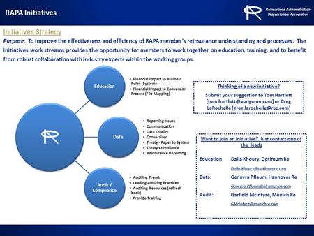 Initiatives Strategy Purpose: To improve the effectiveness and efficiency of RAPA member's reinsurance understanding and processes. The initiatives work.