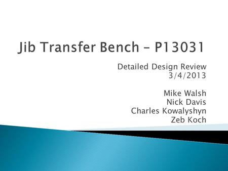 Detailed Design Review 3/4/2013 Mike Walsh Nick Davis Charles Kowalyshyn Zeb Koch.