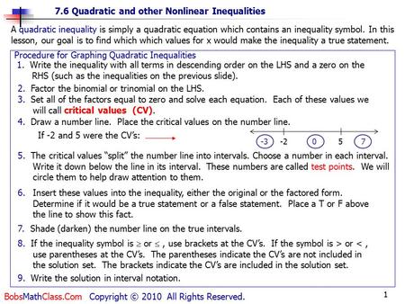 1 7.6 Quadratic and other Nonlinear Inequalities BobsMathClass.Com Copyright © 2010 All Rights Reserved. Procedure for Graphing Quadratic Inequalities.