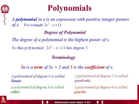 Mathematics made simple © KS Polynomials A polynomial in x is an expression with positive integer powers of x. Degree of Polynomial Terminology 5x is a.