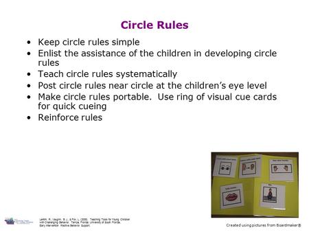 Circle Rules Keep circle rules simple Enlist the assistance of the children in developing circle rules Teach circle rules systematically Post circle rules.