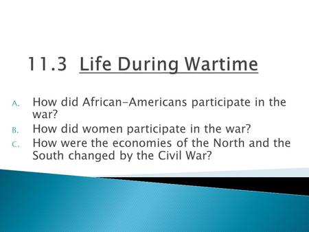 A. How did African-Americans participate in the war? B. How did women participate in the war? C. How were the economies of the North and the South changed.