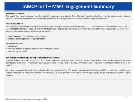 1 IAMCP Int’l – MSFT Engagement Summary Problem Statement The IAMCP has raised a concern that the level of engagement and support from Microsoft has diminished.