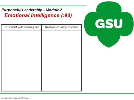 Emotional intelligence 7-3-12.ppt On headset with working micNo headset, using chat box Purposeful Leadership – Module 2 Emotional Intelligence (:90)