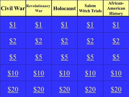 $2 $5 $10 $20 $1 $2 $5 $10 $20 $1 $2 $5 $10 $20 $1 $2 $5 $10 $20 $1 $2 $5 $10 $20 $1 Civil War Revolutionary War Holocaust Salem Witch Trials African-