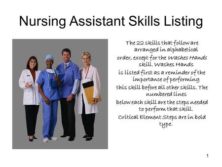 Nursing Assistant Skills Listing